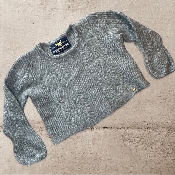 SUPERDRY CABLE KNIT CROPPED SWEATER WITH RIBBED BELL SLEEVE - L - Picture 2 of 11